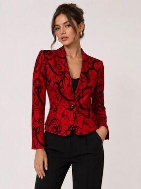 Transitions Red Black 100% Silk Abstract Swirl Blazer 4P Minimalist Artsy Career
